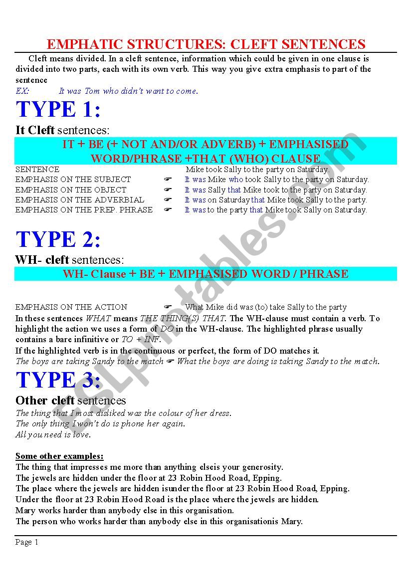 cleft sentences worksheet