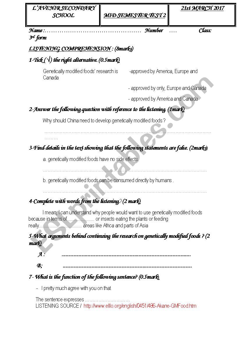 mid-semester test 3rd form the language part 