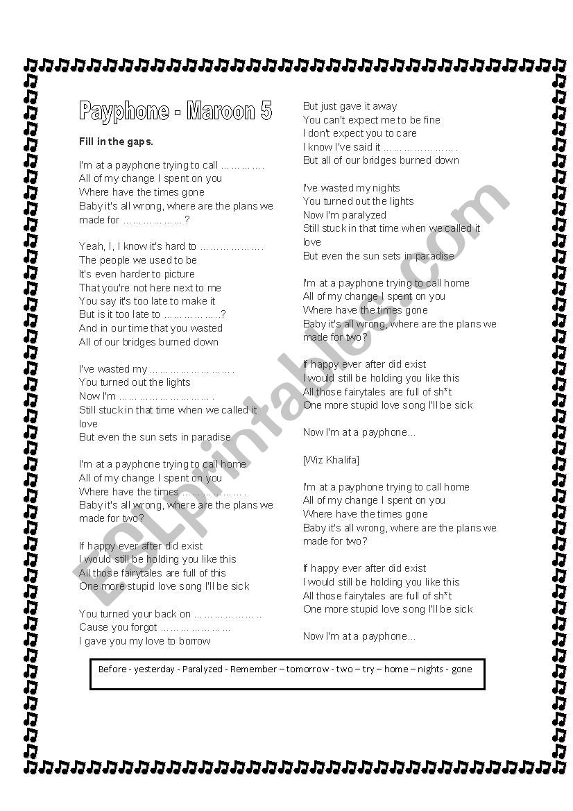 payphone - maroon 5 worksheet
