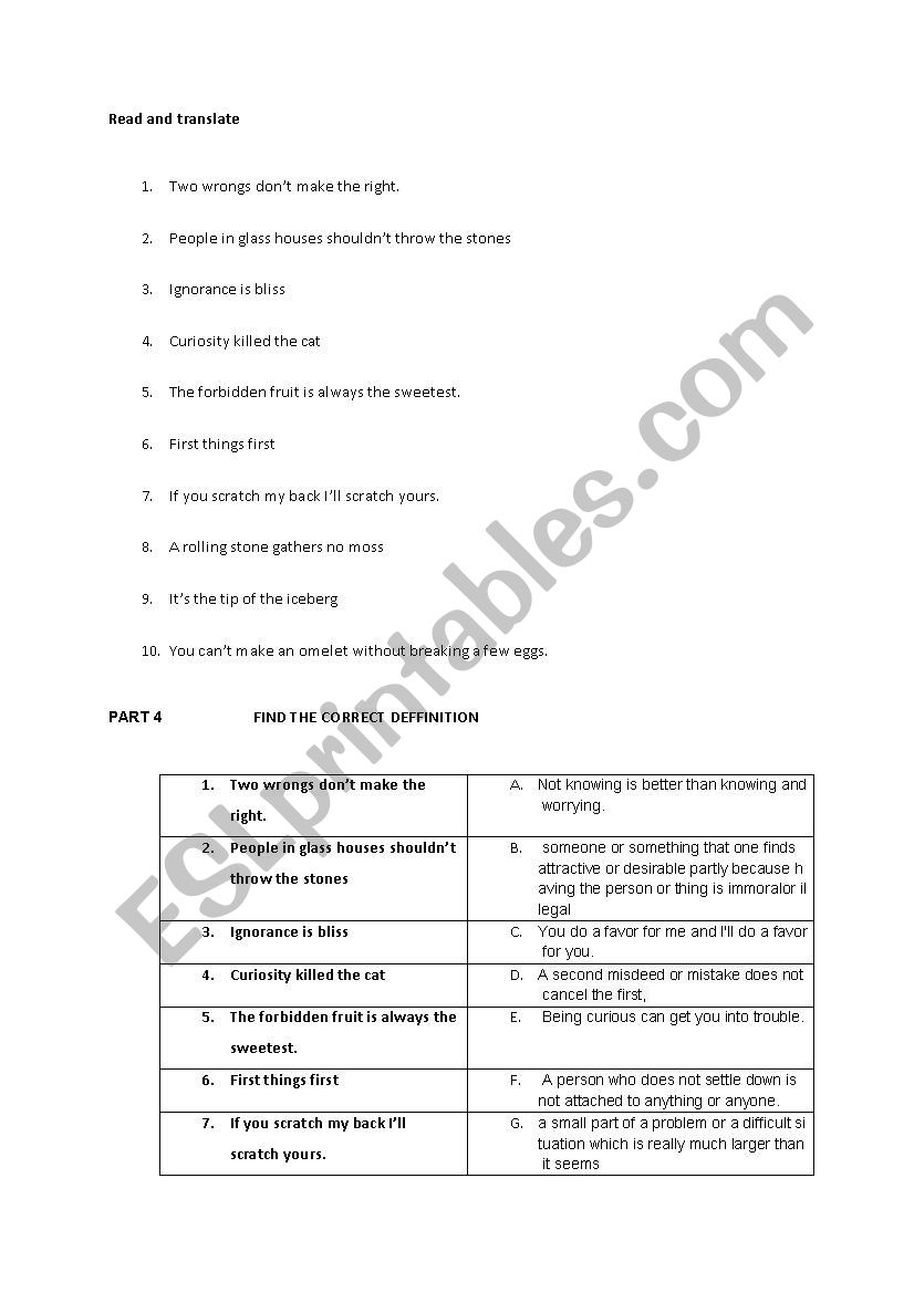 10 ENGLISH IDIOMS - PART FOUR worksheet