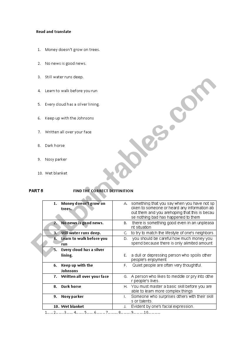 ENGLISH IDIOMS - PART FIVE worksheet