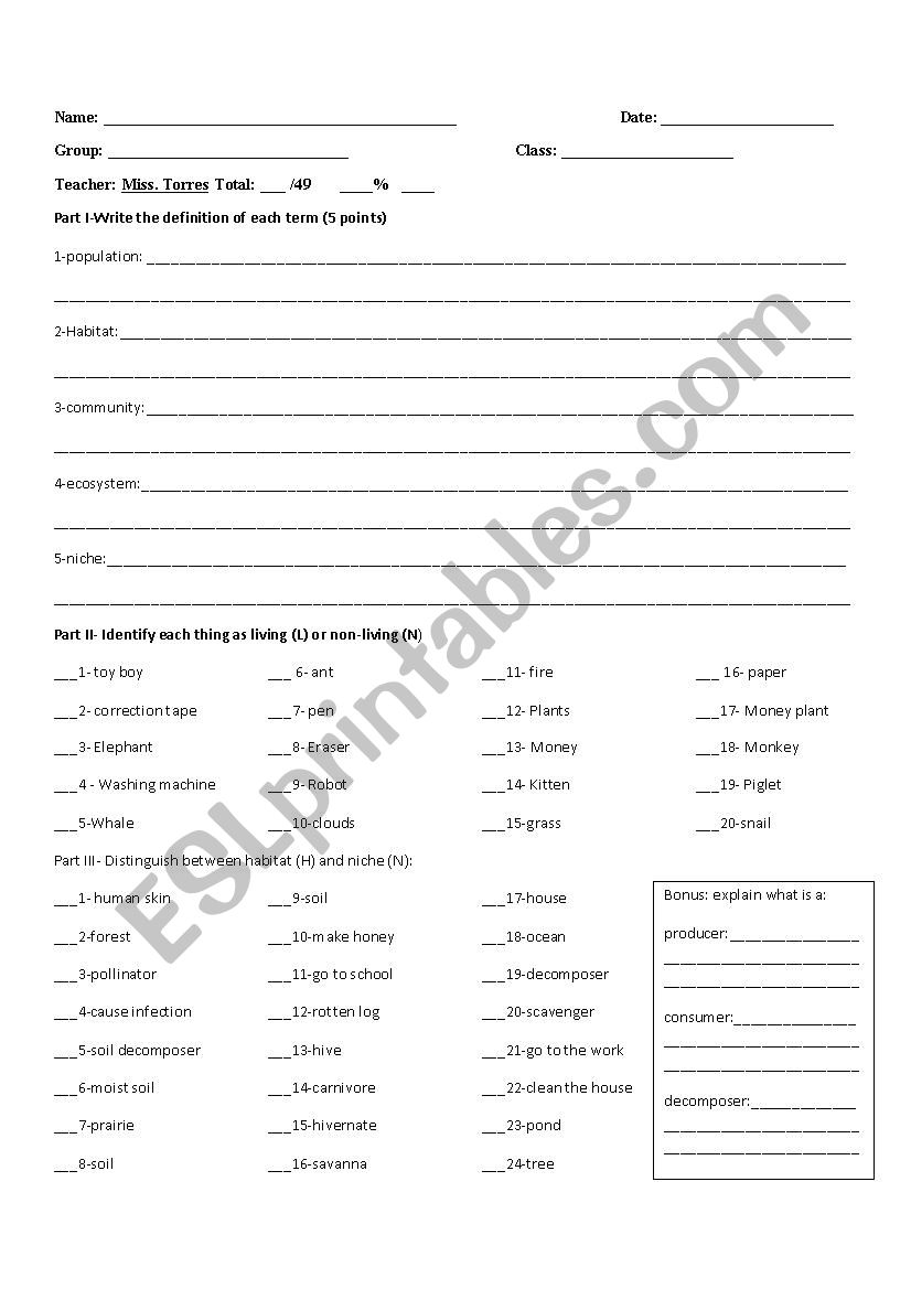 Habitats, populations, and niche test