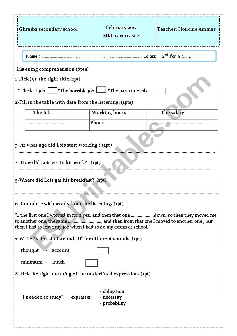 Mid-term English Test worksheet