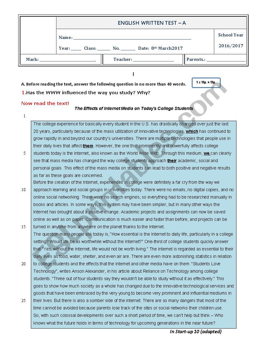 Test 10th grade - Technology and college students - with key