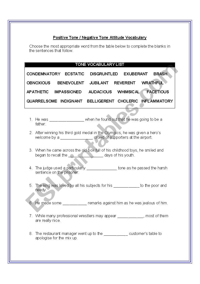 ADVANCED TONE VOCABULARY worksheet