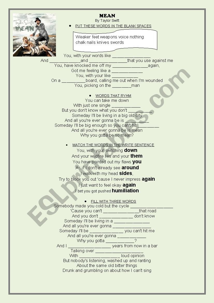 Mean by Taylor Swift worksheet