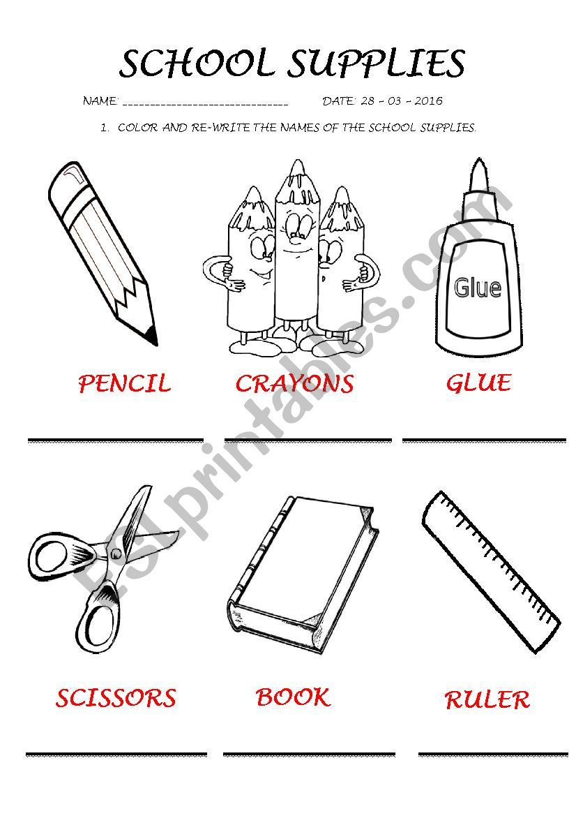 School supplies worksheet