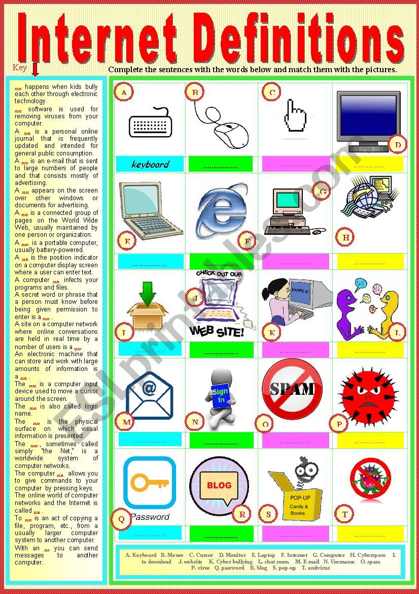 Internet Definitions. Matching exercise + KEY.   