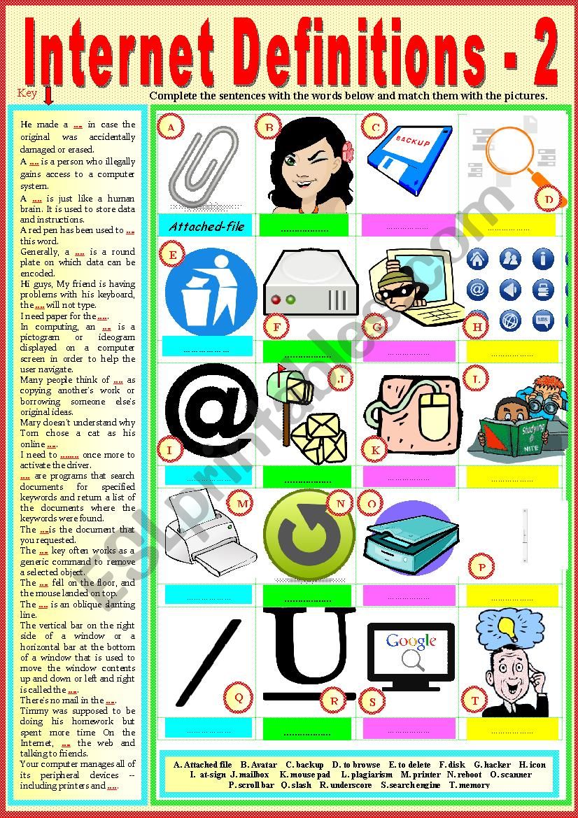 Internet Definitions 2. Matching exercise + KEY.   