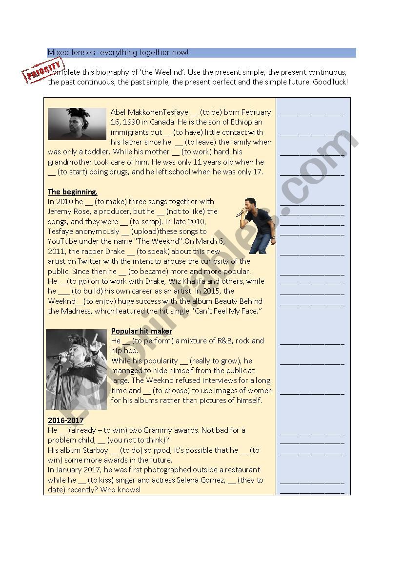 The weeknd - biography worksheet