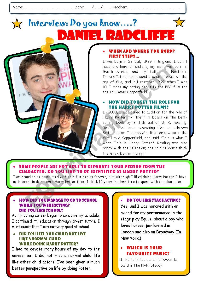 Interview to Daniel Radcliffe worksheet