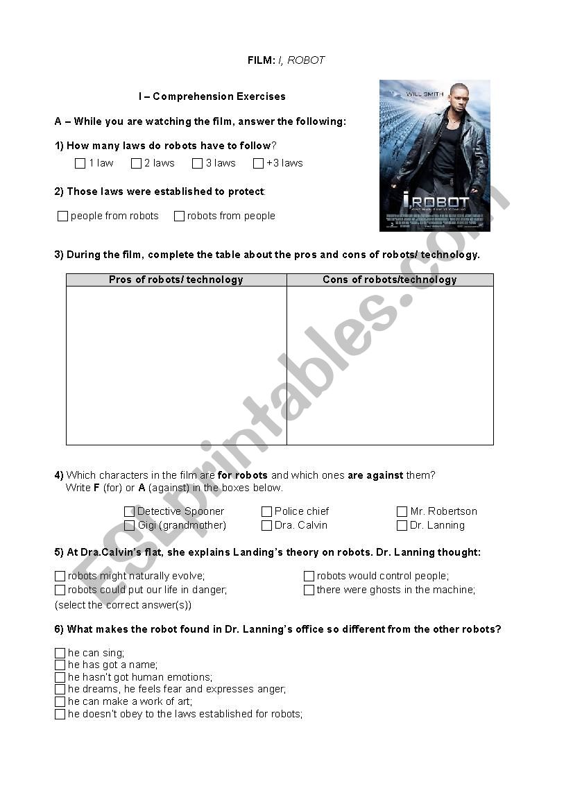 film I- Robot worksheet