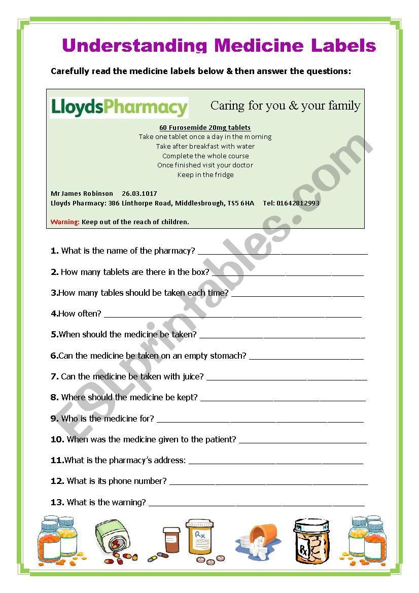 Understanding Medicine Labels worksheet