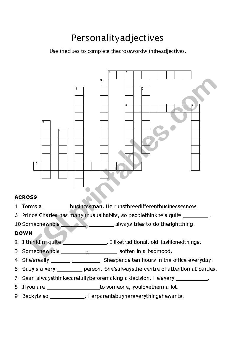 Personality adjectives crossword