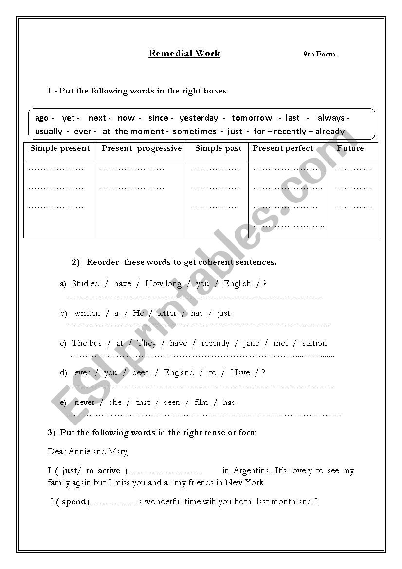 Remedial work 9th form worksheet