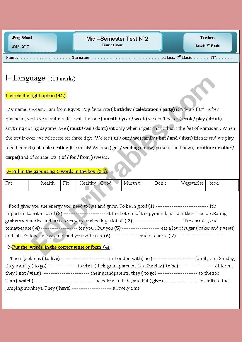   mid - semester test 2  7th grade 