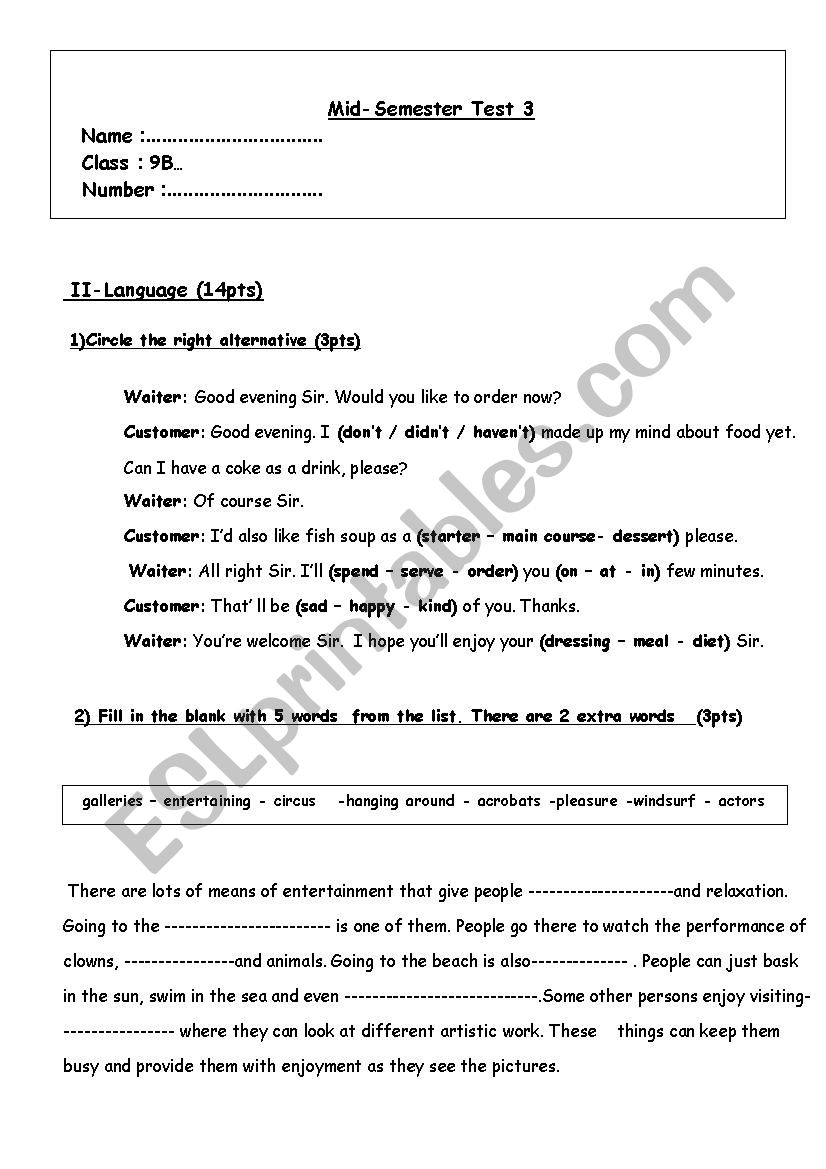 Mid-Semester Test 3 9th Form worksheet