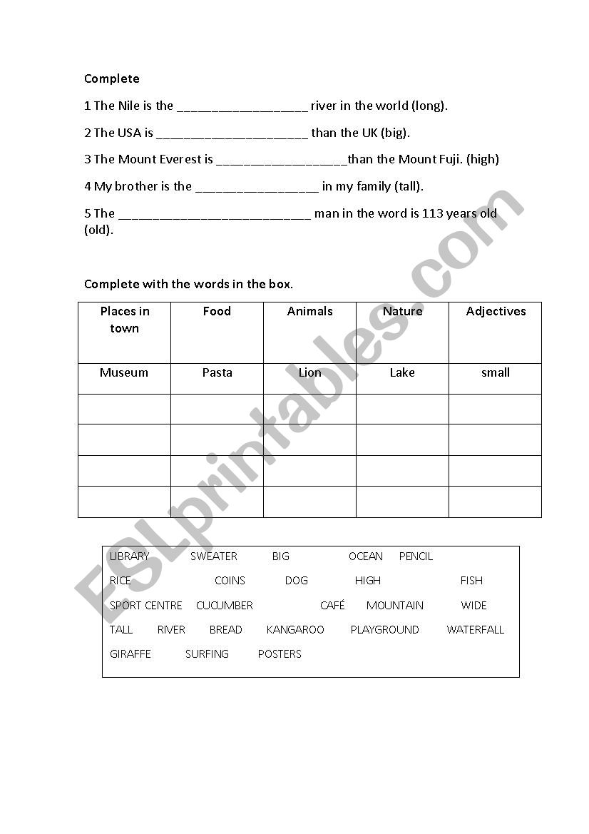 comp and superlative worksheet