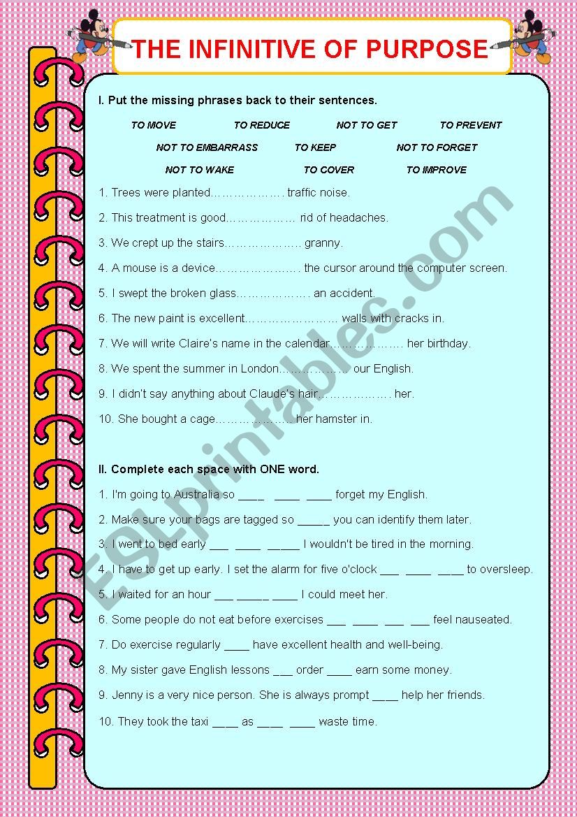 The infinitive of purpose worksheet