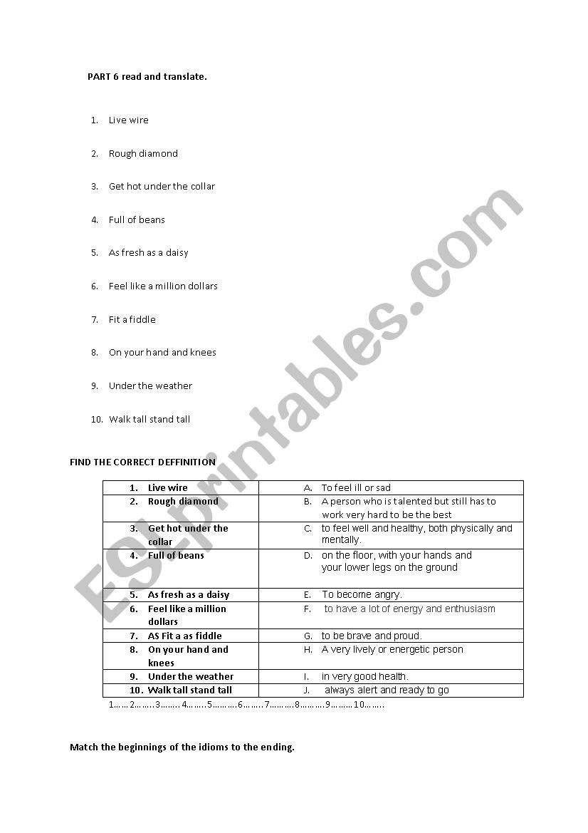 10 ENGLISH IDIOMS - PART SIX worksheet