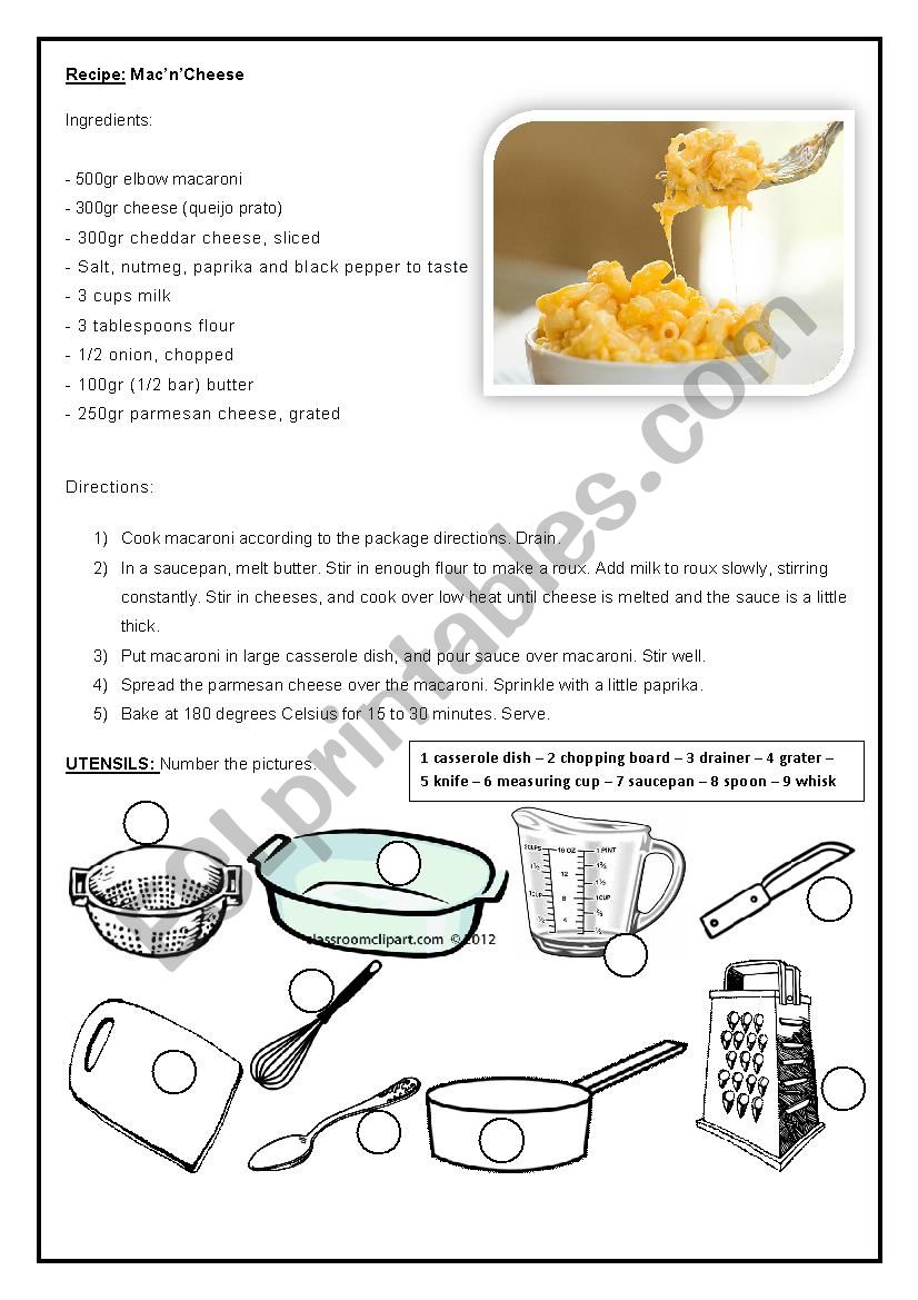 Kitchen Class: MacÂ´nÂ´Cheese worksheet