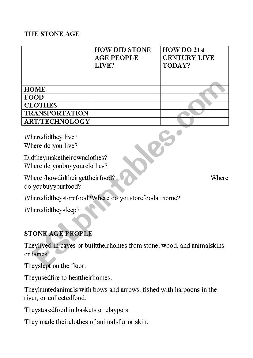 the stone age worksheet