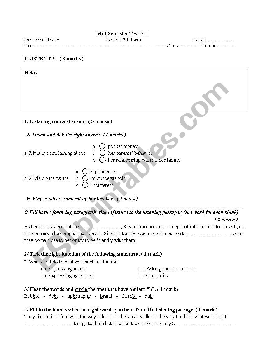 Mid-semester test N1 worksheet