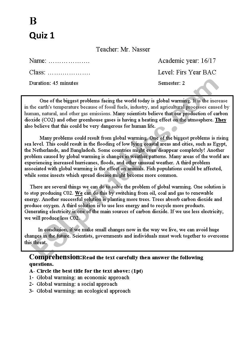 A simple quiz (Comprehension + vocabulary ) unit 7 ecology