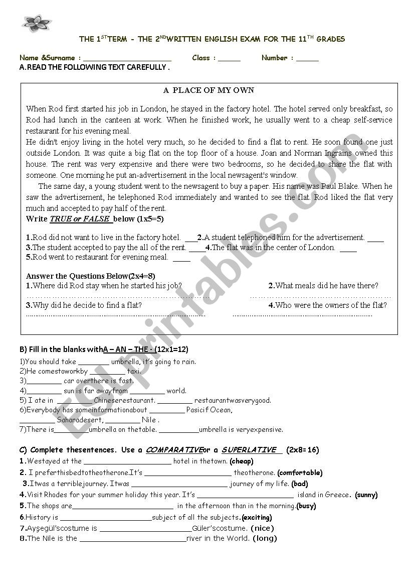 exam sample worksheet