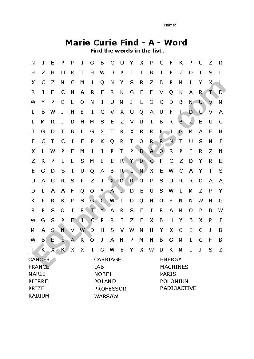 Marie Curie Find-A-Word worksheet