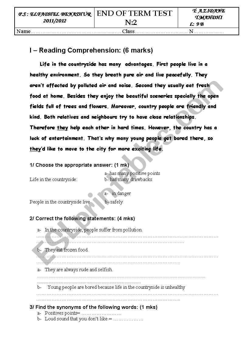 end of term test 2 worksheet