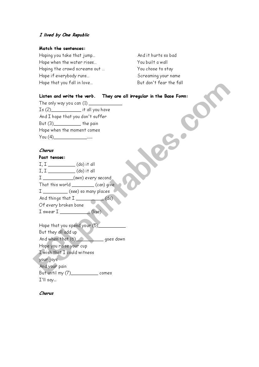 Song: I lived by One Republic worksheet