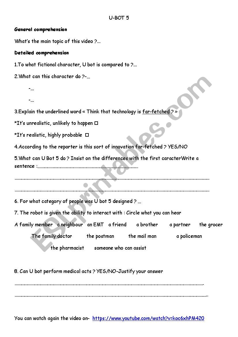 U bot 5- A robot worksheet