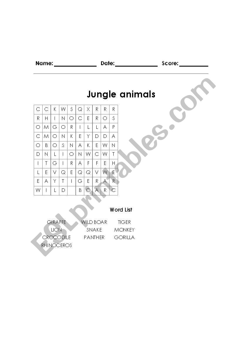 Jungle animals worksheet