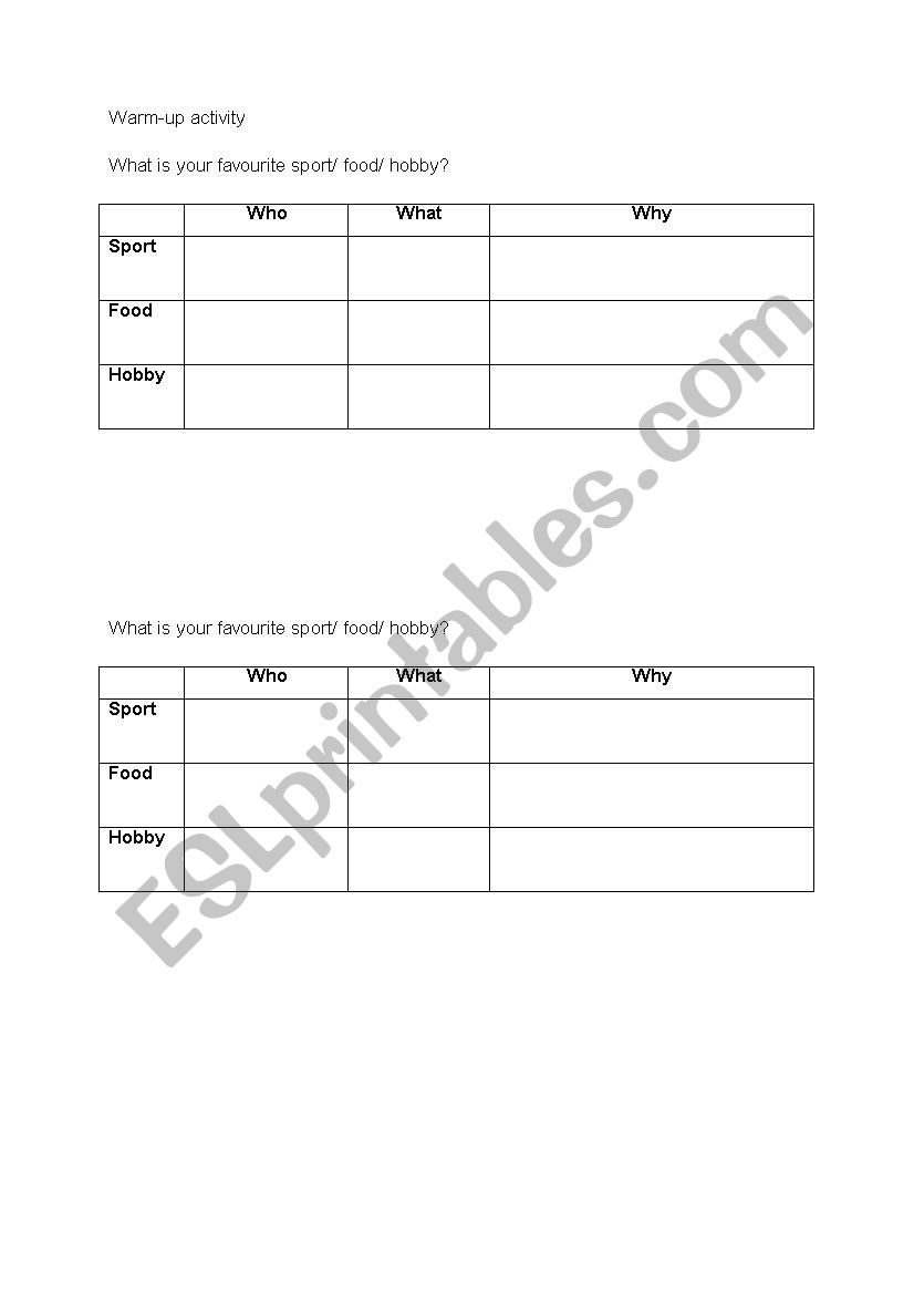 Warm-up activity worksheet