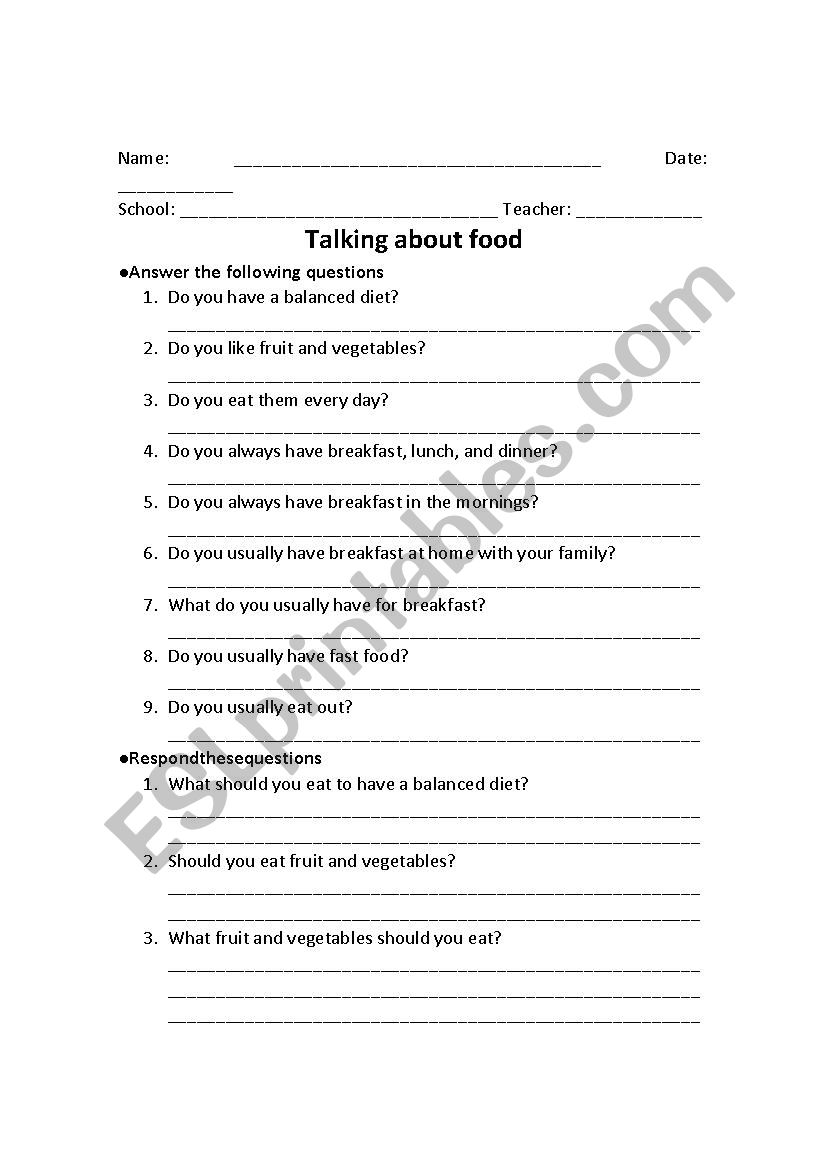 Talking about food and diet worksheet