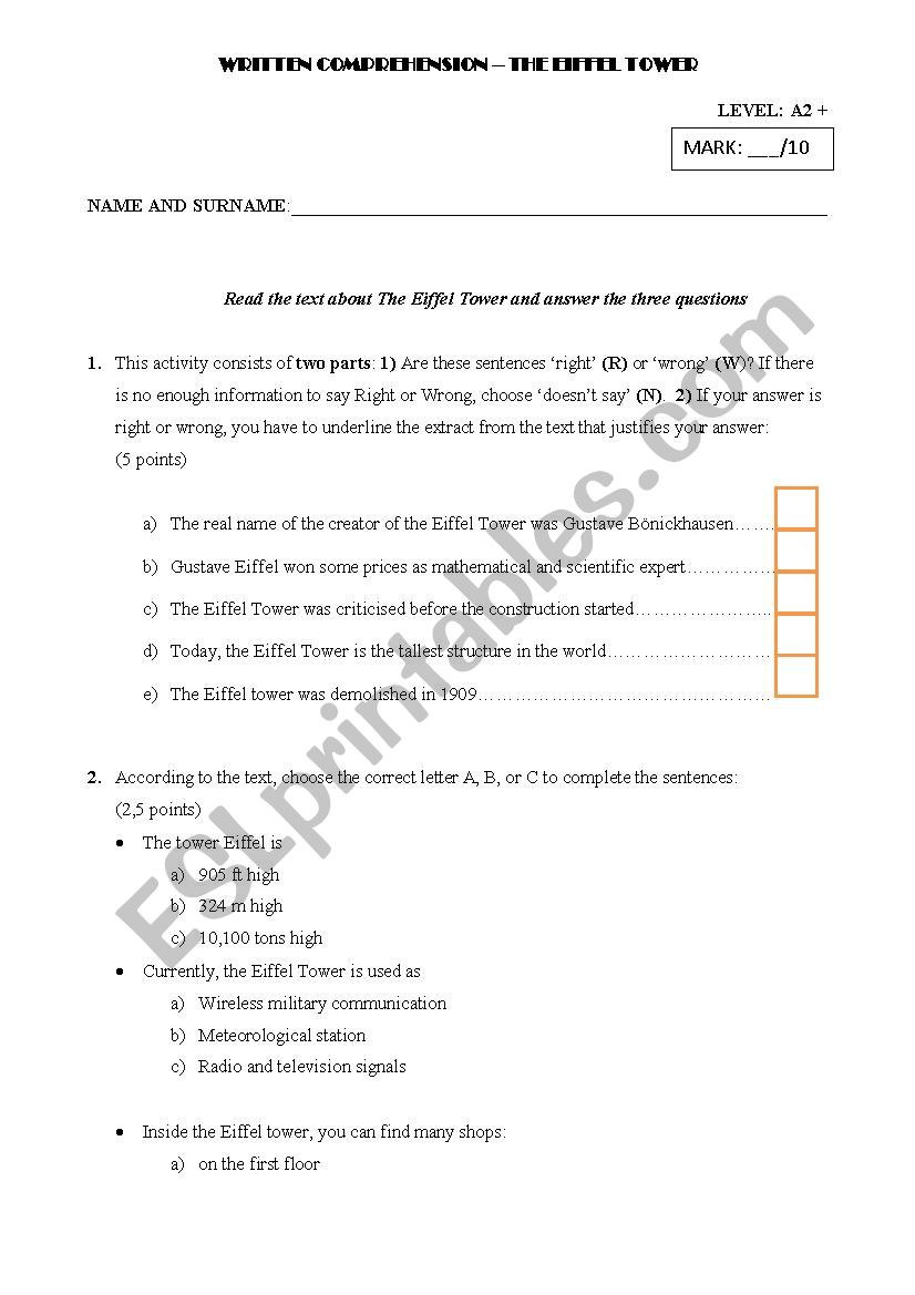 THE EIFFEL TOWER. Written Comprehension PART 2