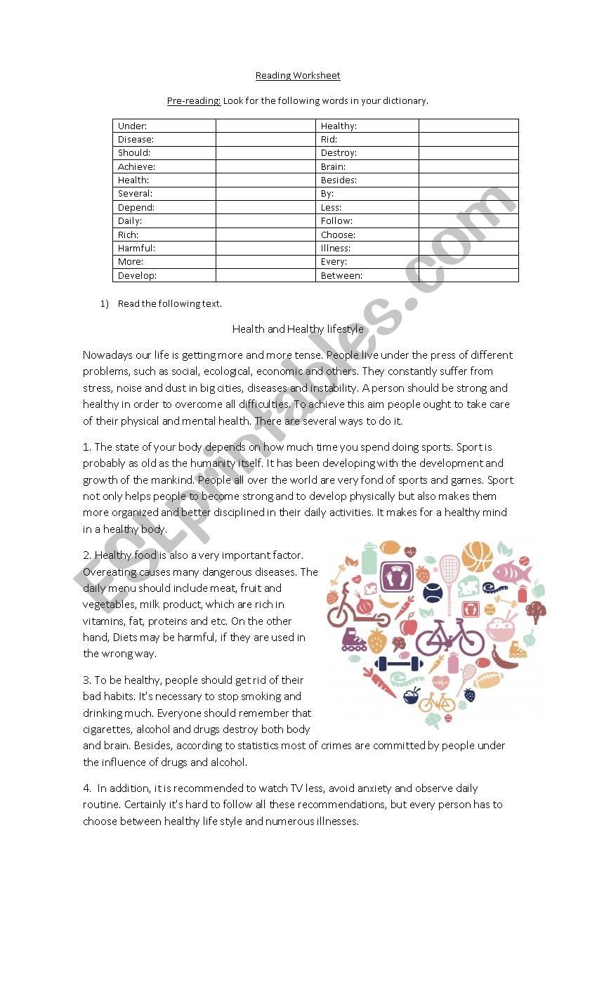 Health and Healthy lifestyle worksheet