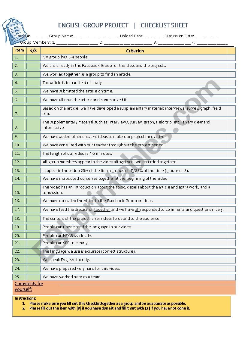 Group project checklist worksheet