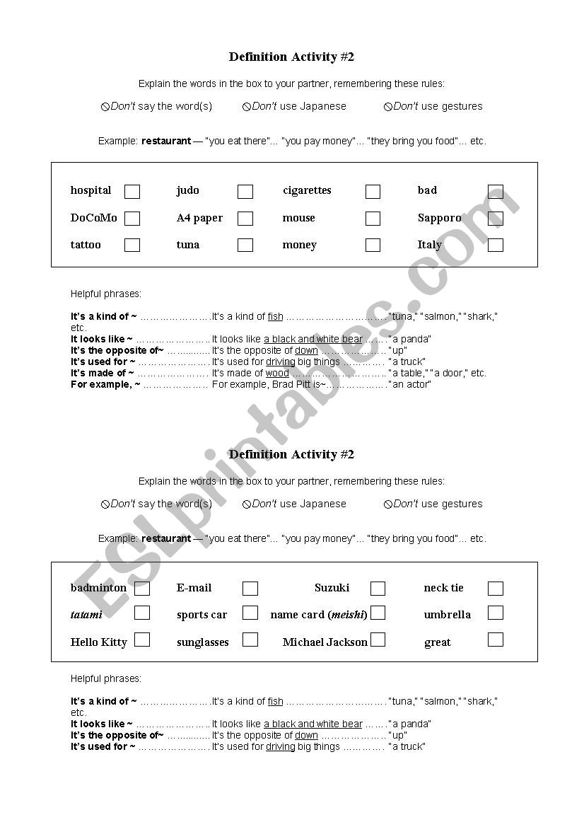 Pair  Vocabulary Activity #2 worksheet