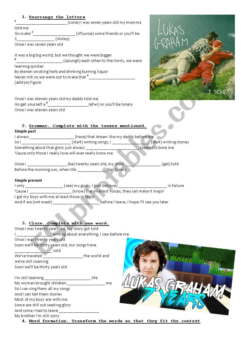 7 years by Lukas Graham worksheet