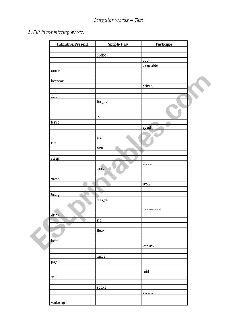 Irregular verbs test worksheet