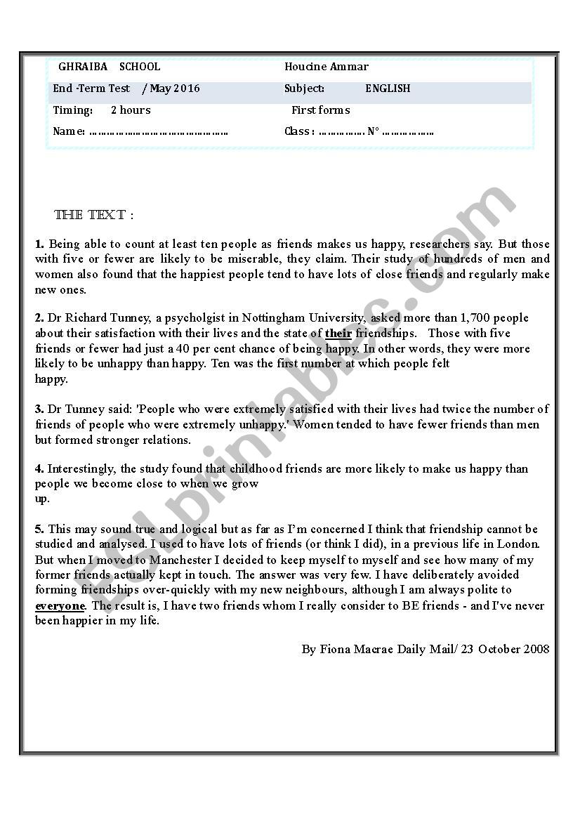 end term test fourth form worksheet