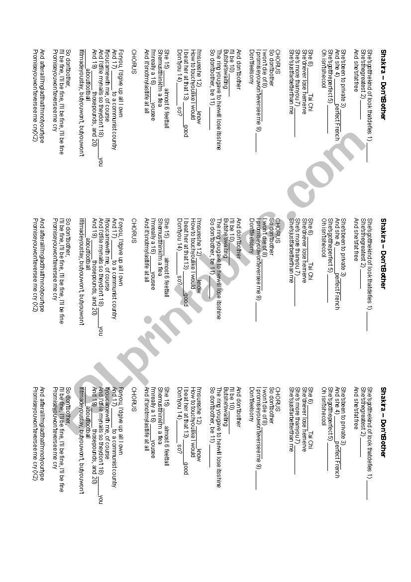 Dont Bother (Lyrics) worksheet