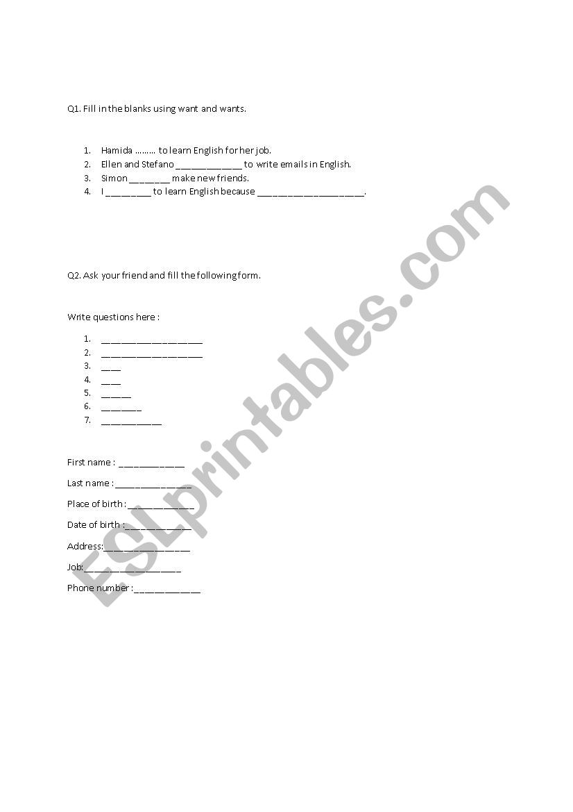 ESL basic Assessment paper worksheet