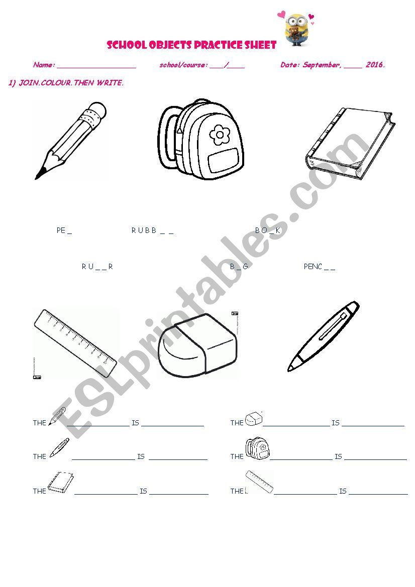 School objects practice sheet worksheet