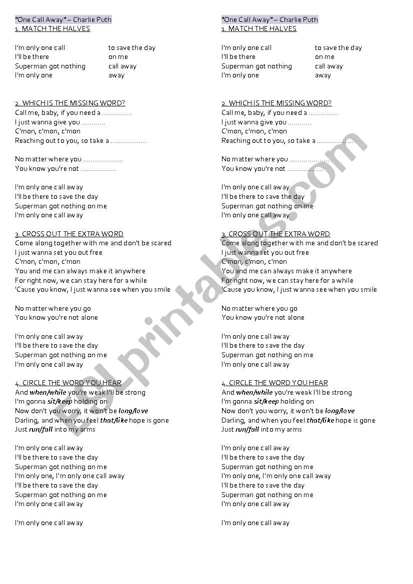 One Call Away Charlie Puth worksheet