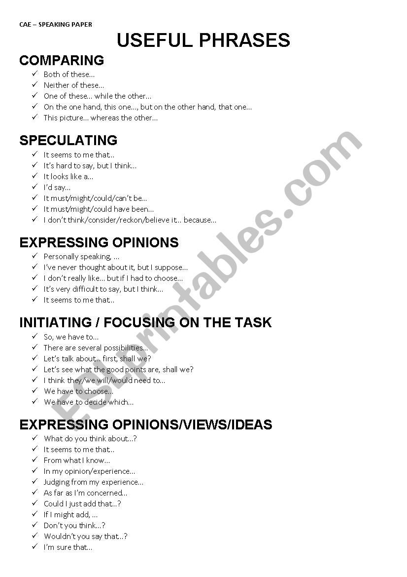 FCE / CAE - Speaking Paper Useful Phrases