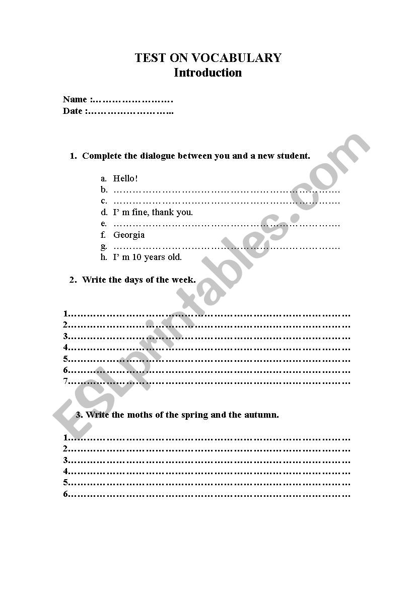 Vocabulary test worksheet