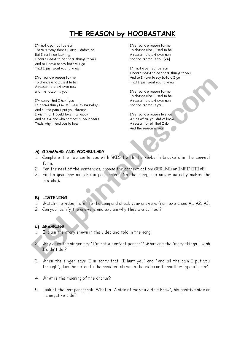 The Reason by Hoobastank worksheet